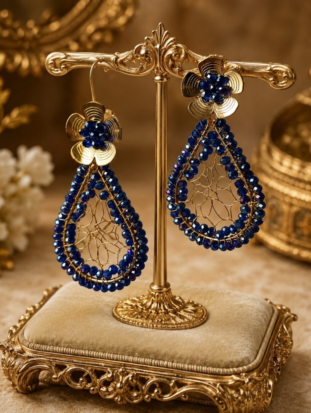 Dream Catcher Iridescent Dark Blue Faceted Glass Beads Flowers Pierced Earrings
